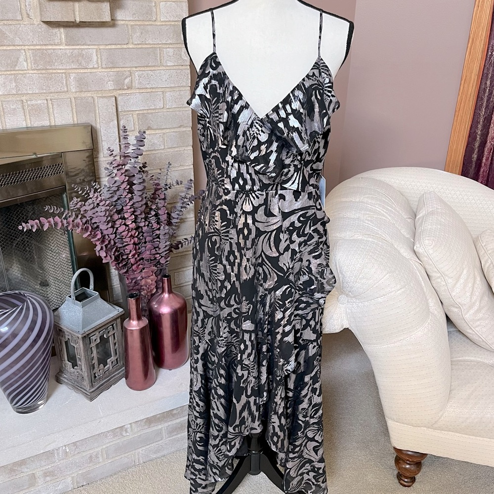 1.STATE Metallic Floral High-Low Maxi Dress - Rich Black & Silver